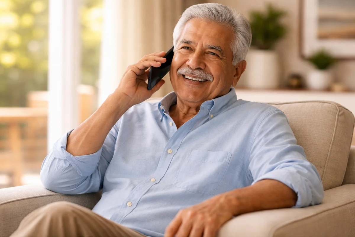 Smiling senior speaking on the phone at home