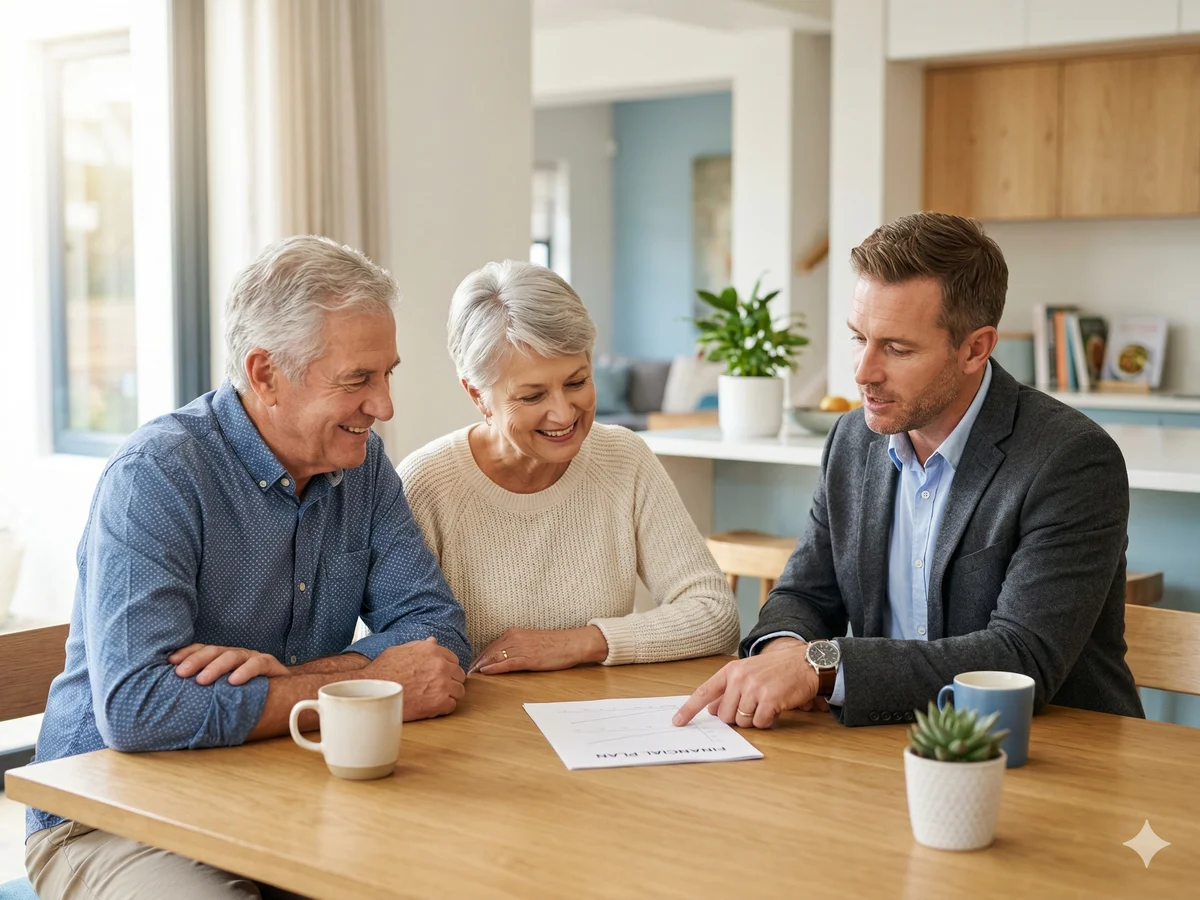 Senior reviewing plan options with an advisor at a kitchen table