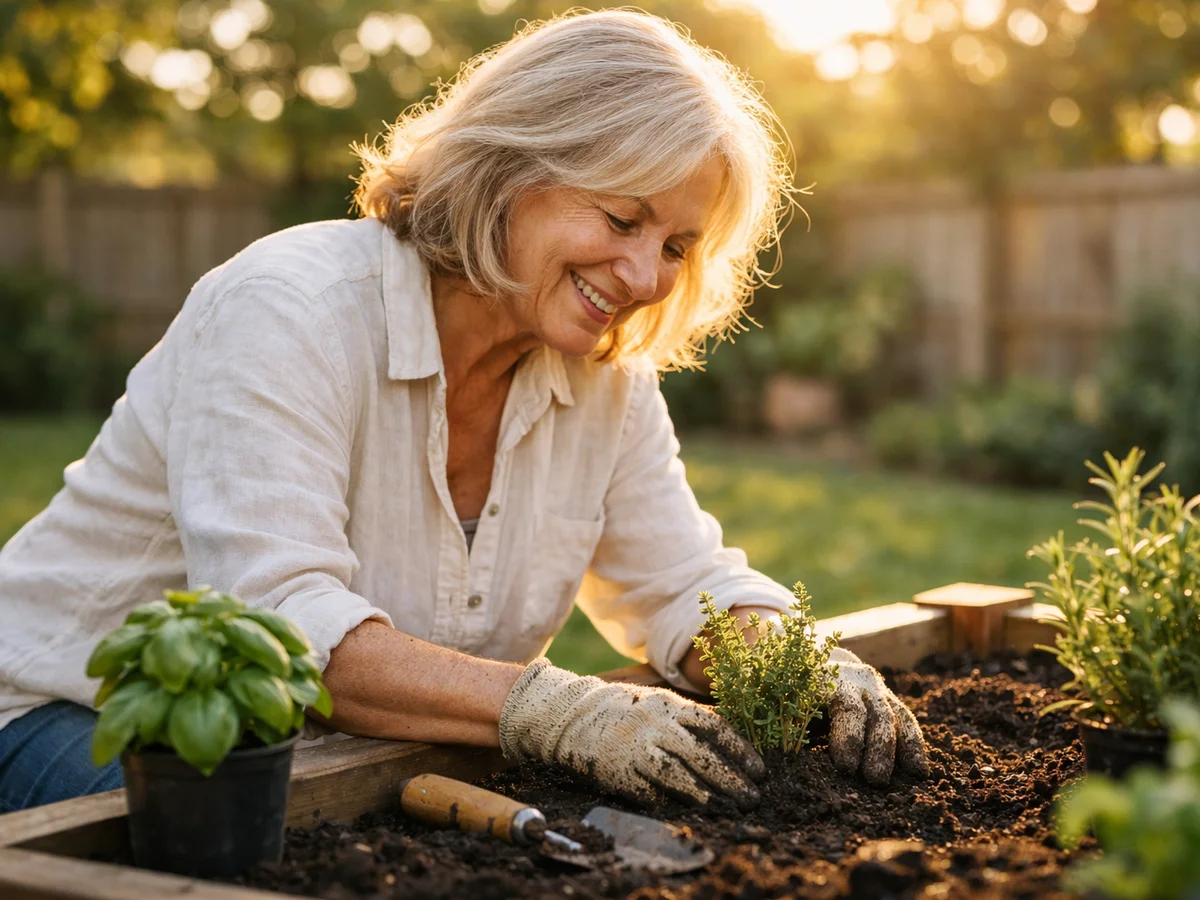 Active adult gardening in a sunny backyard